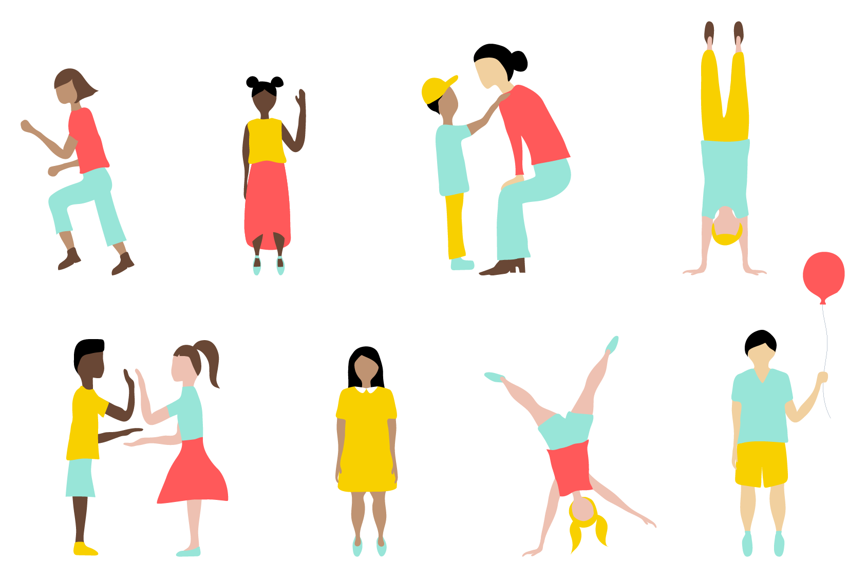 Children and adults engaging in various activities, including dancing, talking, and playing with a balloon, against a black background.