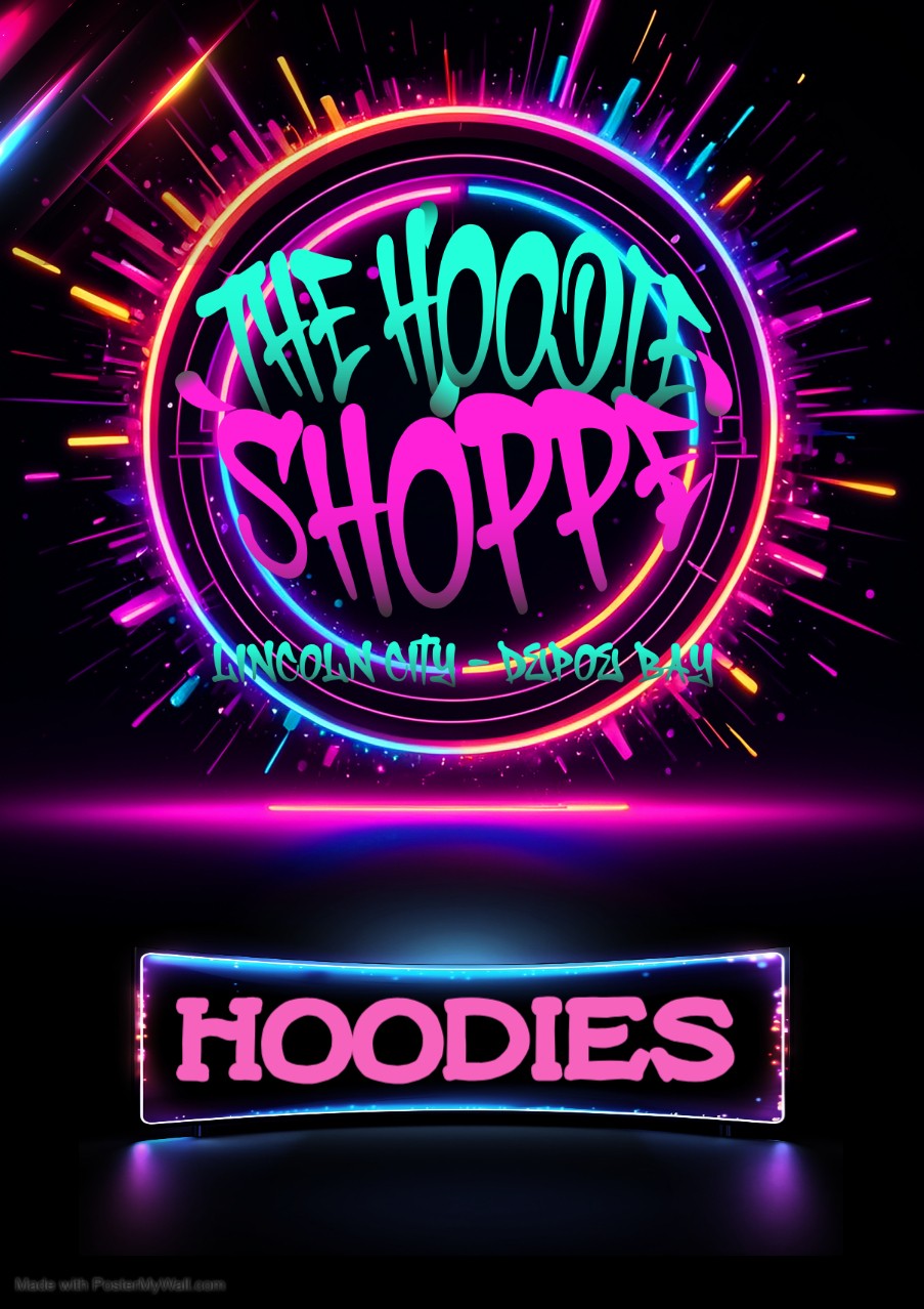 Bright neon sign with colorful text reading 'The Hoodie Shoppe' and 'Hoodies' against a dark background.