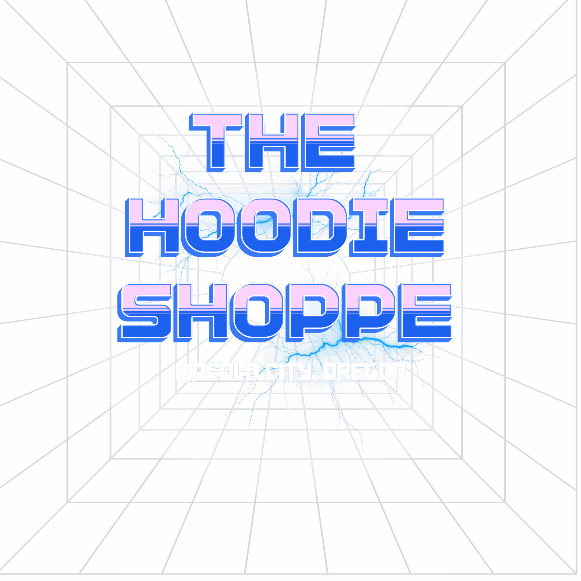 Text reading 'The Hoodie Shoppe' with 'Lincoln City, Oregon' below, in a retro digital font on a black background.