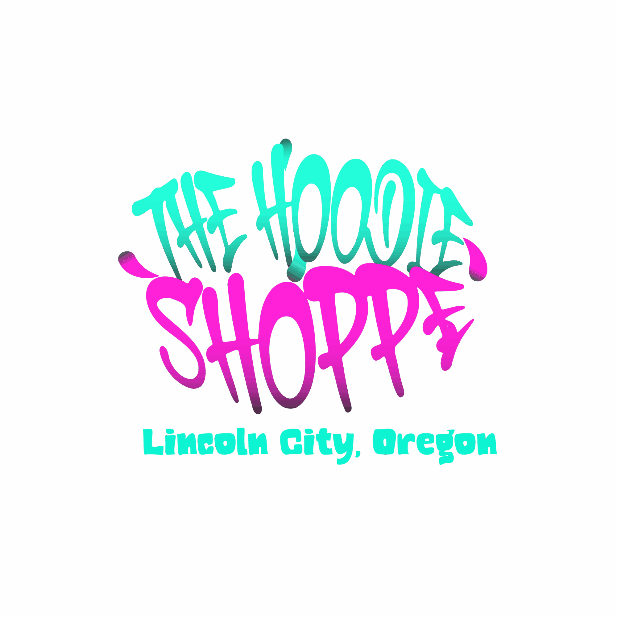 Colorful text reads 'The Hoodoo Shoppe' with 'Lincoln City, Oregon' below on a black background.