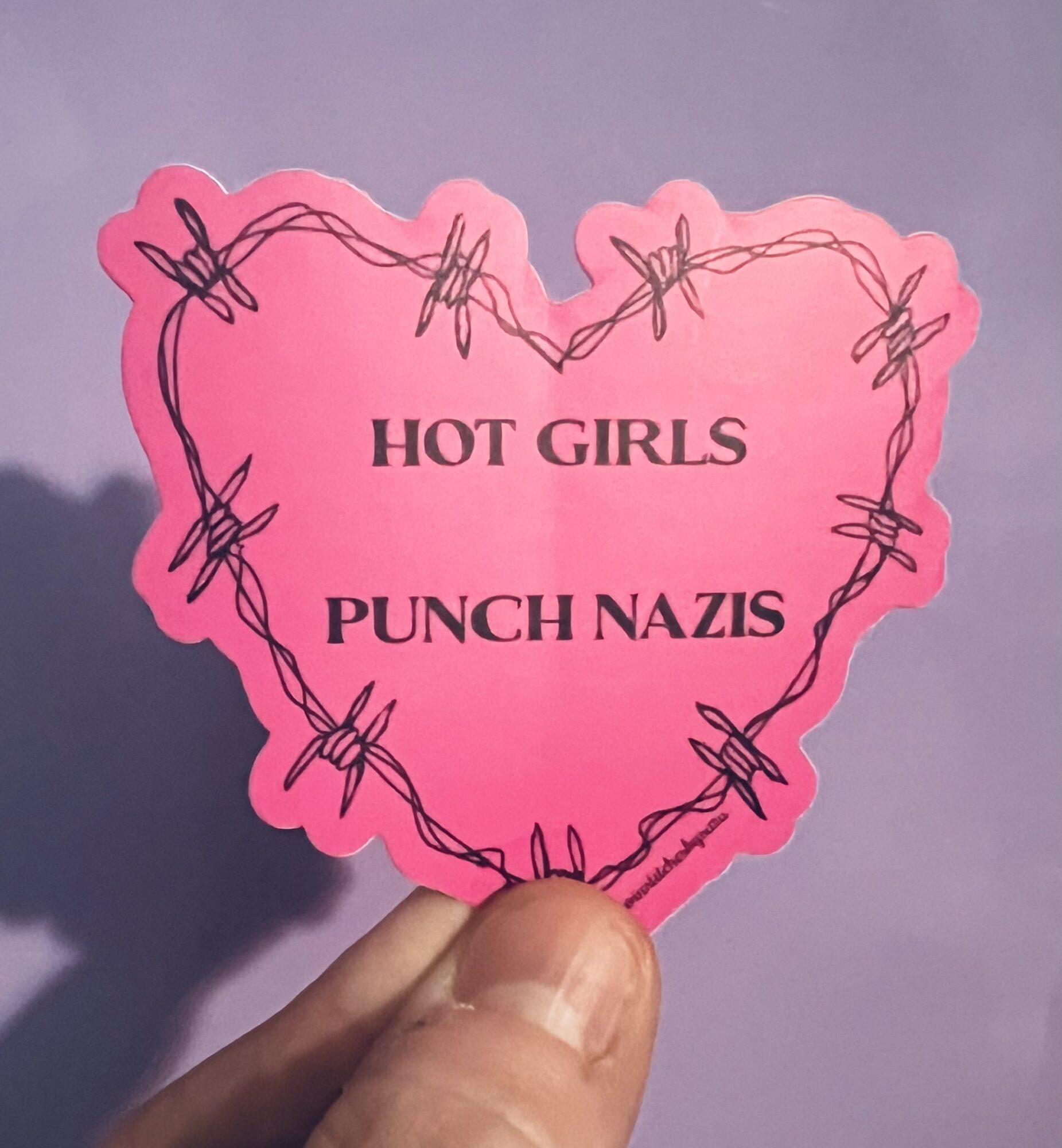 Pink heart-shaped sign with black barbed wire outline and text reading 'HOT GIRLS PUNCH NAZIS'.