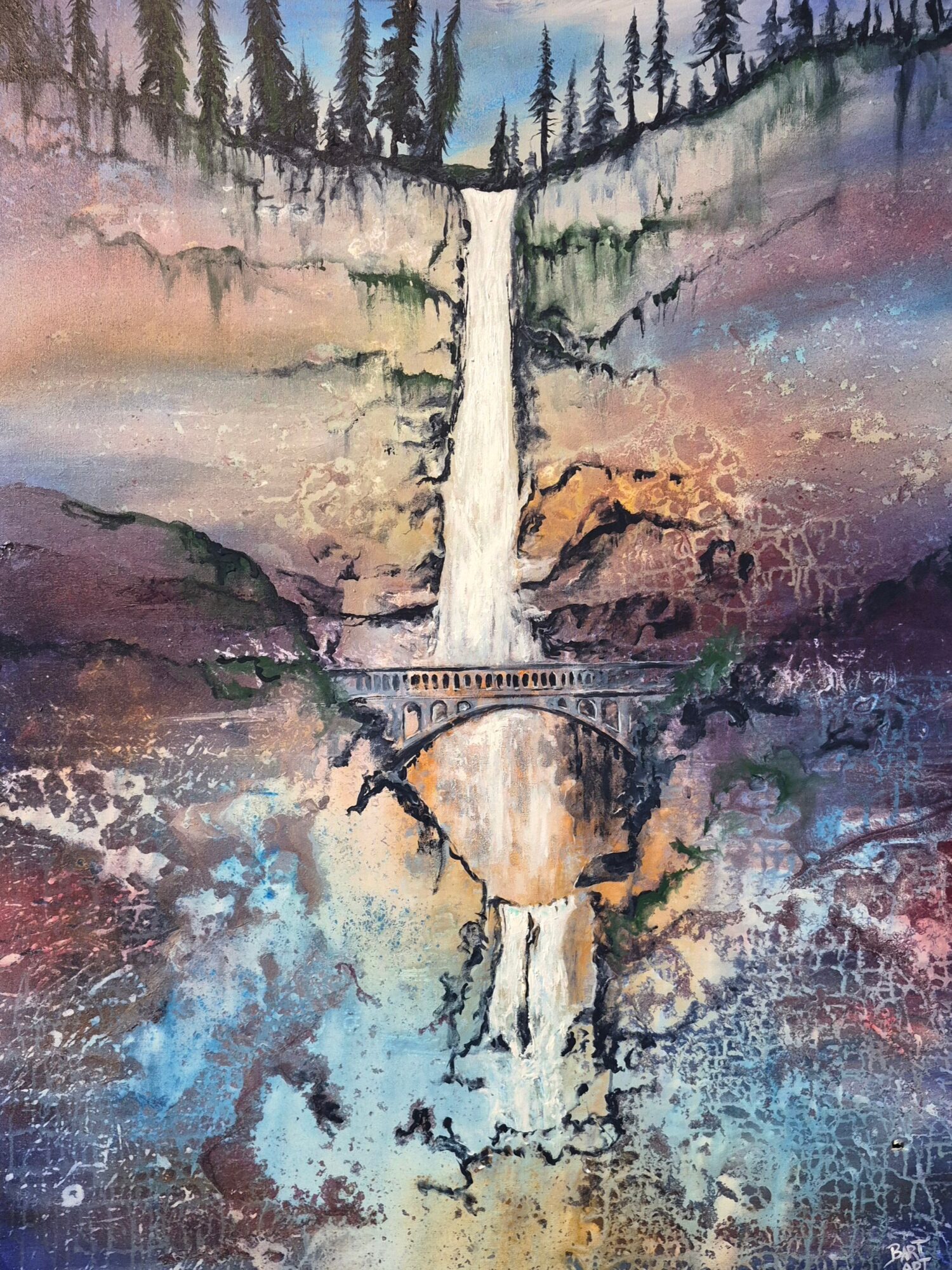 Watercolor painting of a waterfall with a bridge, trees, and a colorful sky reflected in water, with a starry night sky.