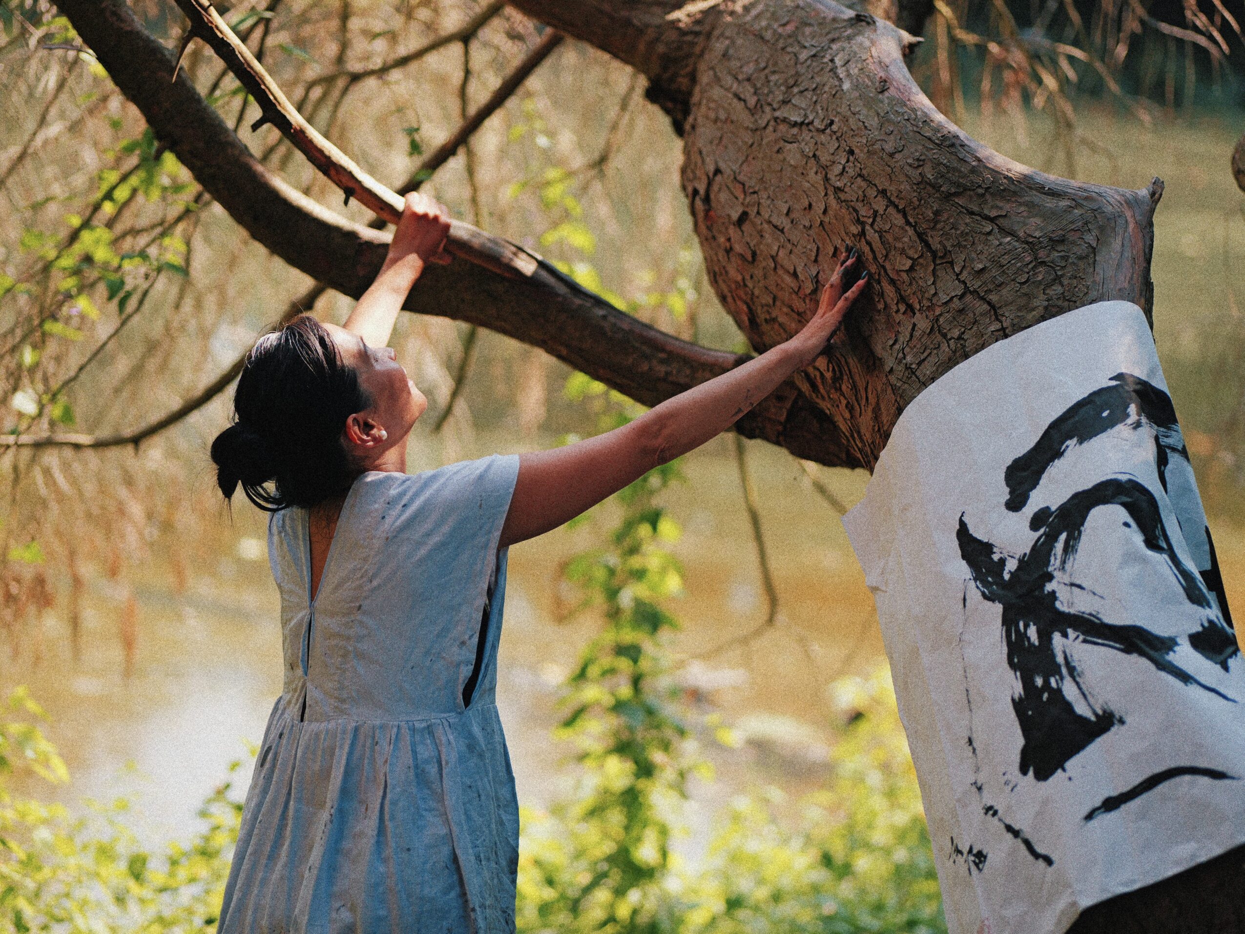 Person reaching up to a tree trunk with a painted sign attached, outdoors with greenery and water in background.