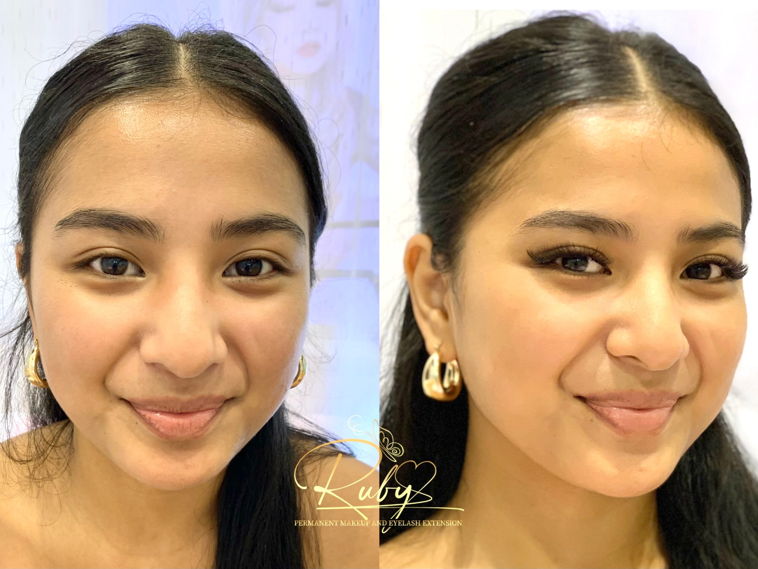 Two women with dark hair, one smiling, wearing earrings, in front of a light background.