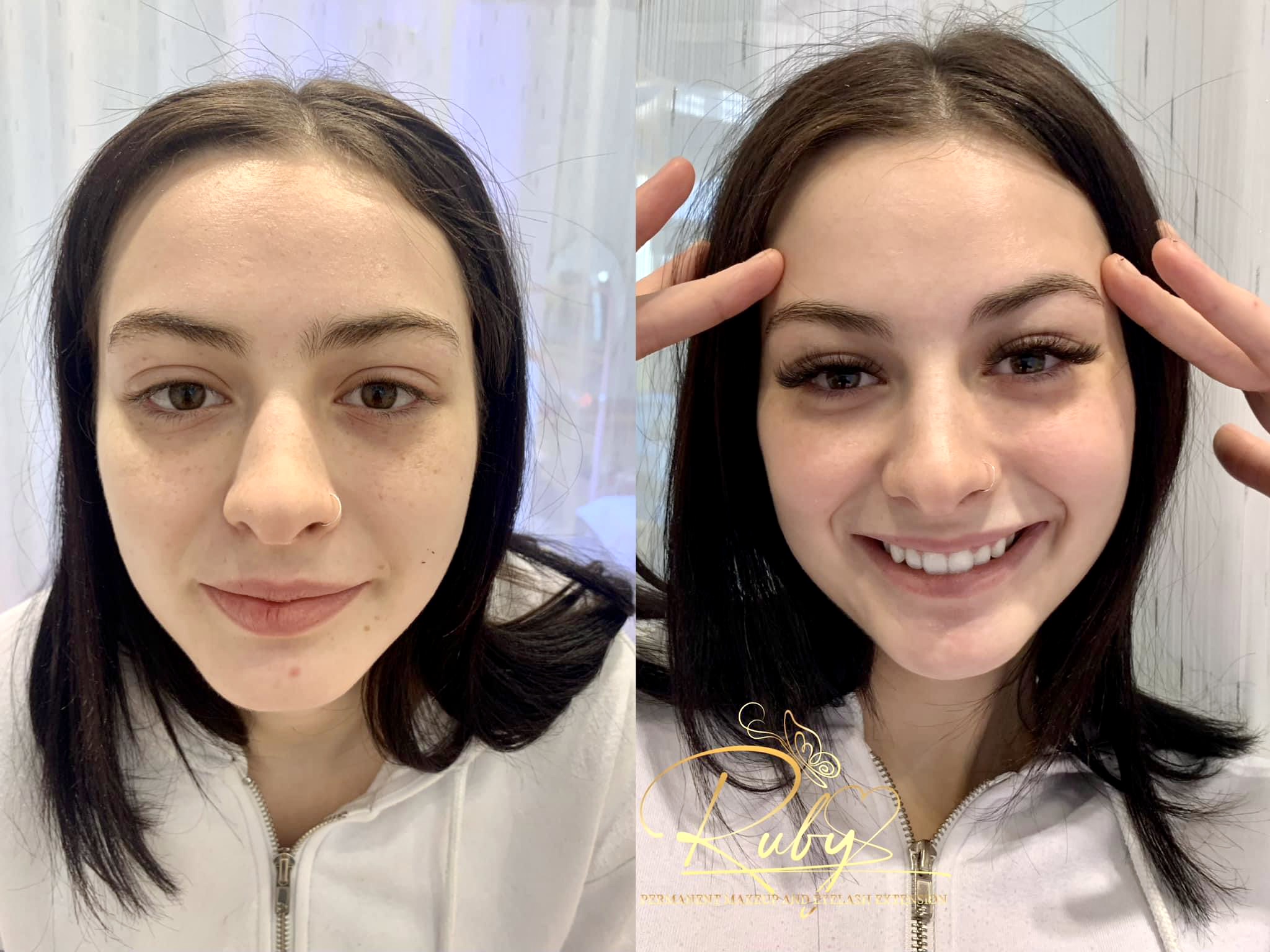 Side-by-side images of a young woman with dark hair, before and after makeup application, smiling in the second image.