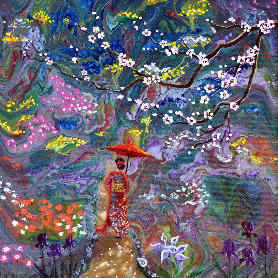 A woman in traditional clothing holding a red umbrella stands on a path surrounded by colorful flowers and a vibrant, swirling background.