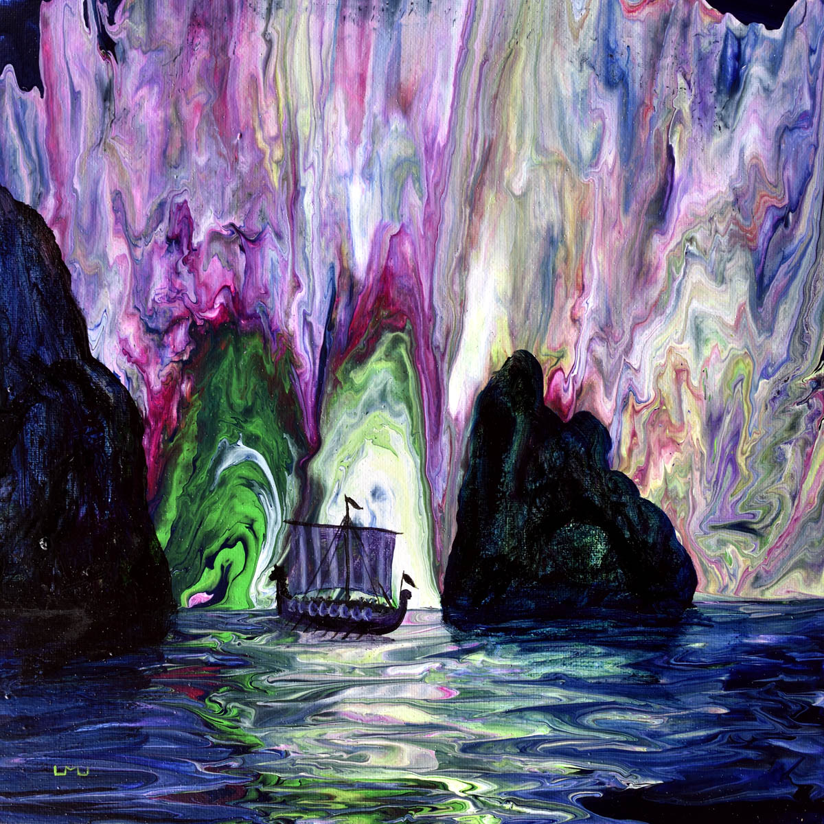 A boat sailing near cliffs with colorful aurora-like lights in the sky, reflected on the water surface.