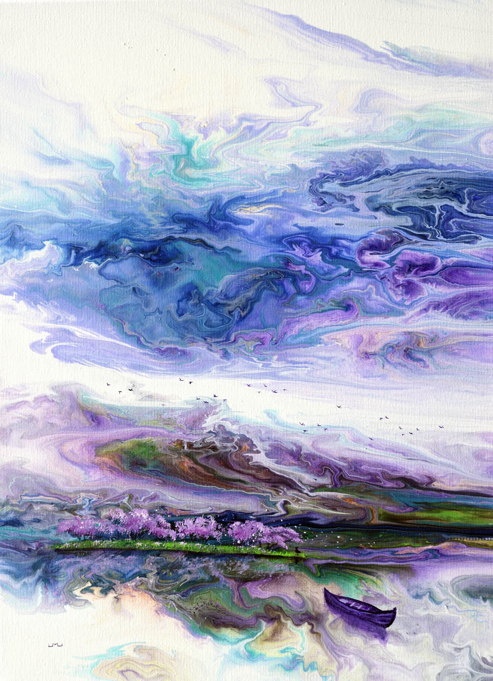 Abstract watercolor painting with swirling blue, purple, and white colors, resembling a cloudy sky or ocean scene.