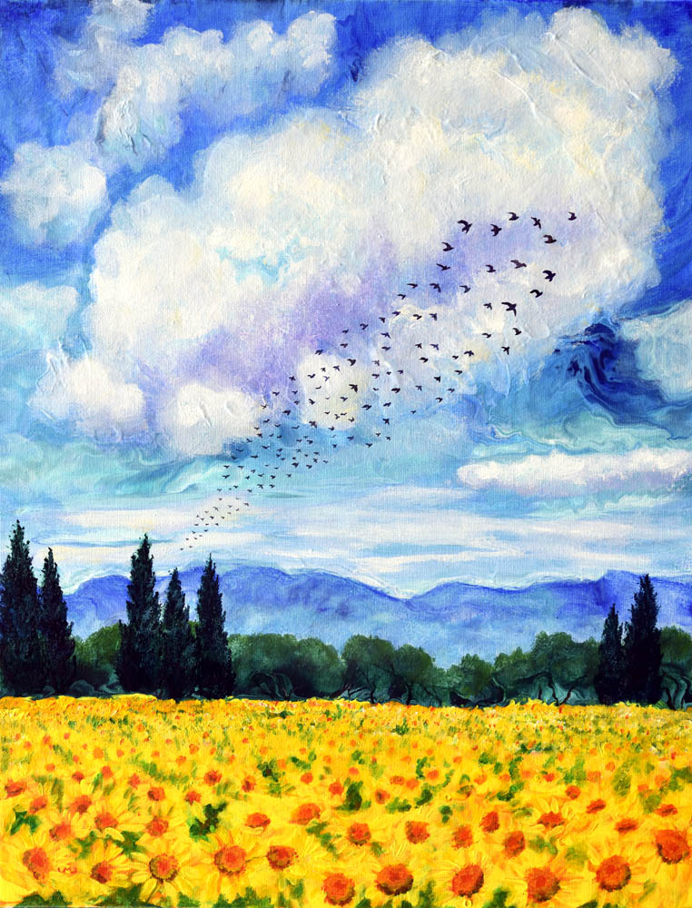 A landscape painting of a yellow flower field, dark trees, blue mountains, and a sky with clouds and a flock of birds.