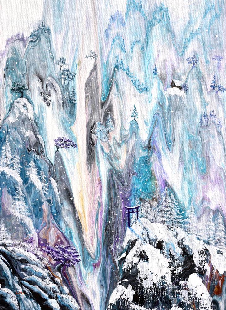 Abstract painting with icy mountains, trees, and a bridge, featuring swirling blue, purple, and white colors.