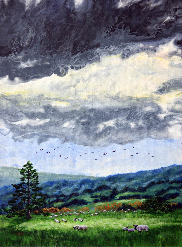 Landscape with dark stormy clouds, green fields, trees, and a flock of birds flying in the sky.