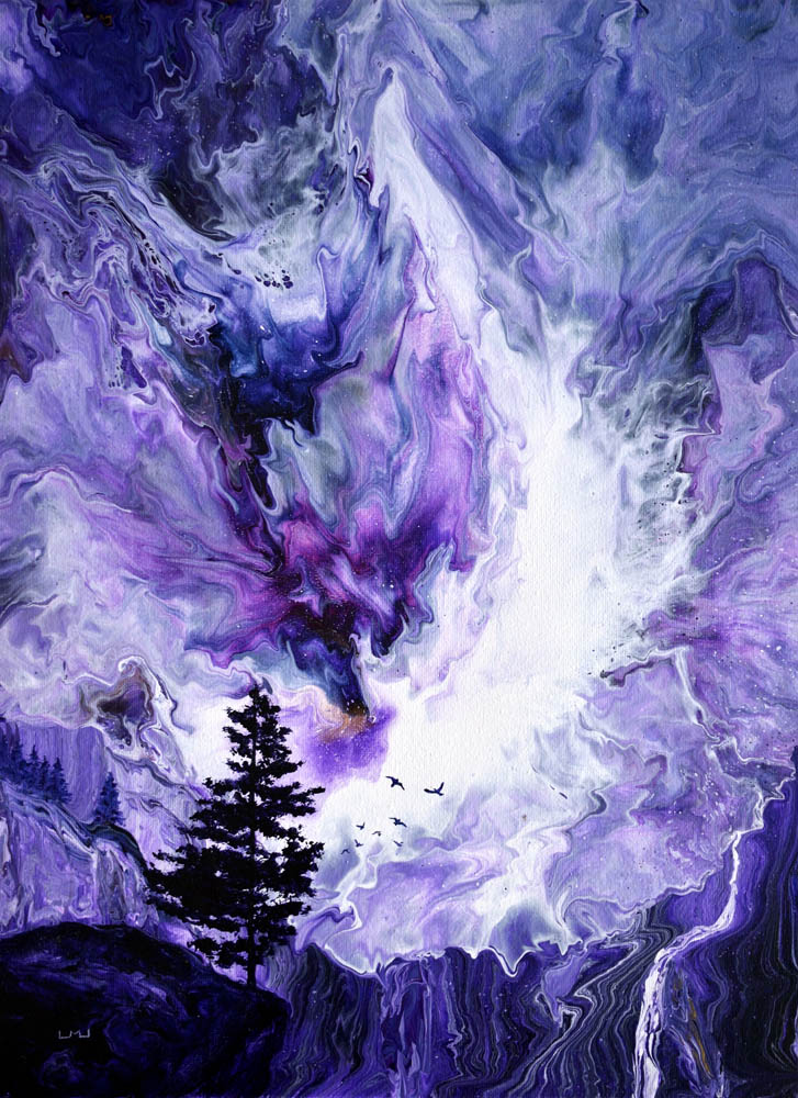 Abstract painting with purple, white, and black swirling colors, featuring a silhouette of a tree in the foreground.