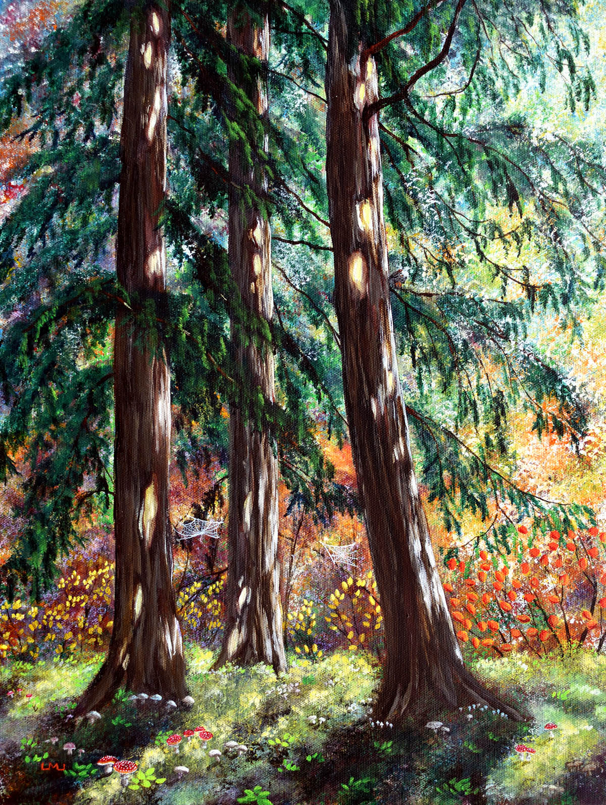 Three tall trees with green foliage in a colorful forest scene, sunlight filtering through leaves, ground covered with grass and flowers.