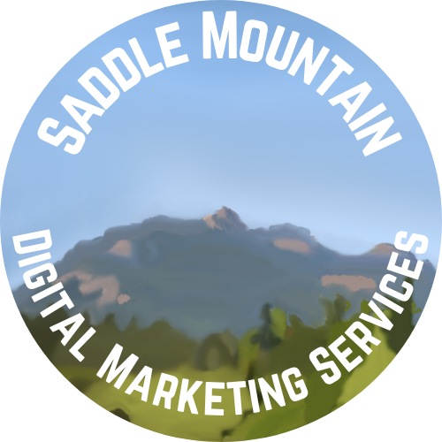 Circular logo with mountain and sky background, text reads 'Saddle Mountain Digital Marketing Services'.