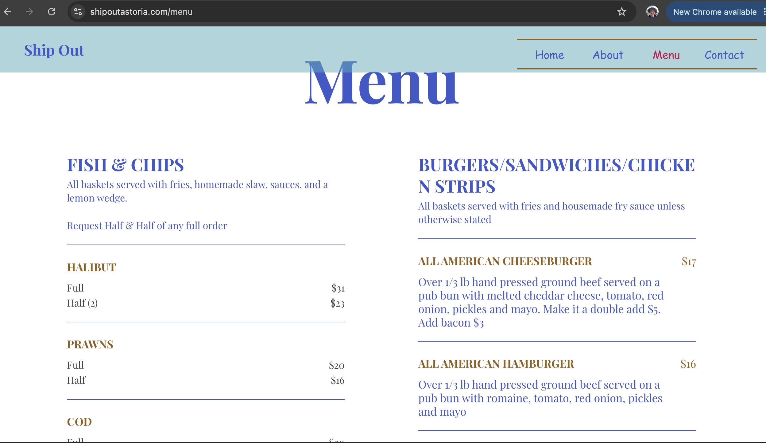 Menu page with blue header, links, and list of food items including fish, chips, hamburger, and chicken.
