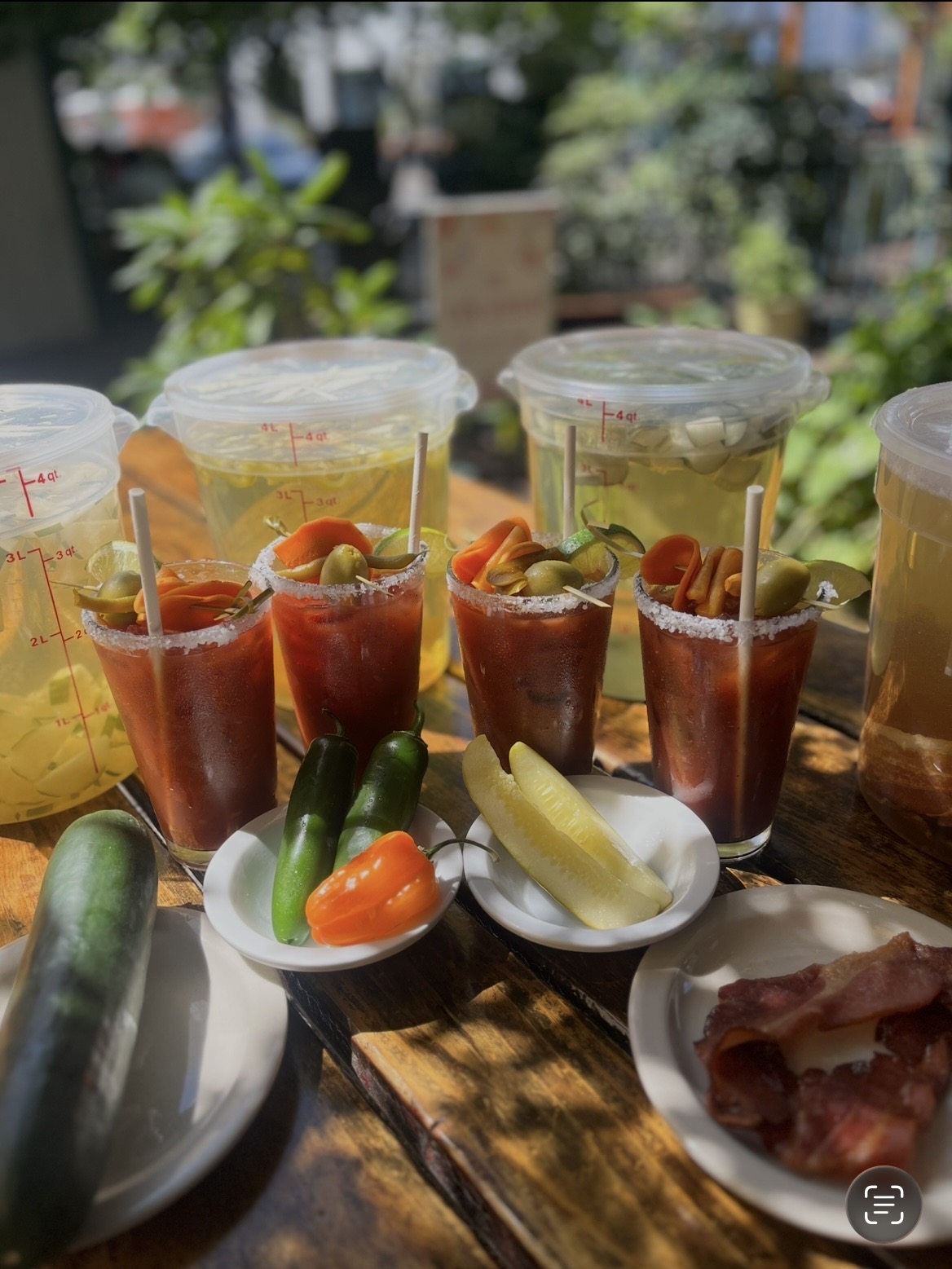 Four glasses of tomato juice with garnishes, small plates with vegetables and sliced meat, outdoor setting with greenery