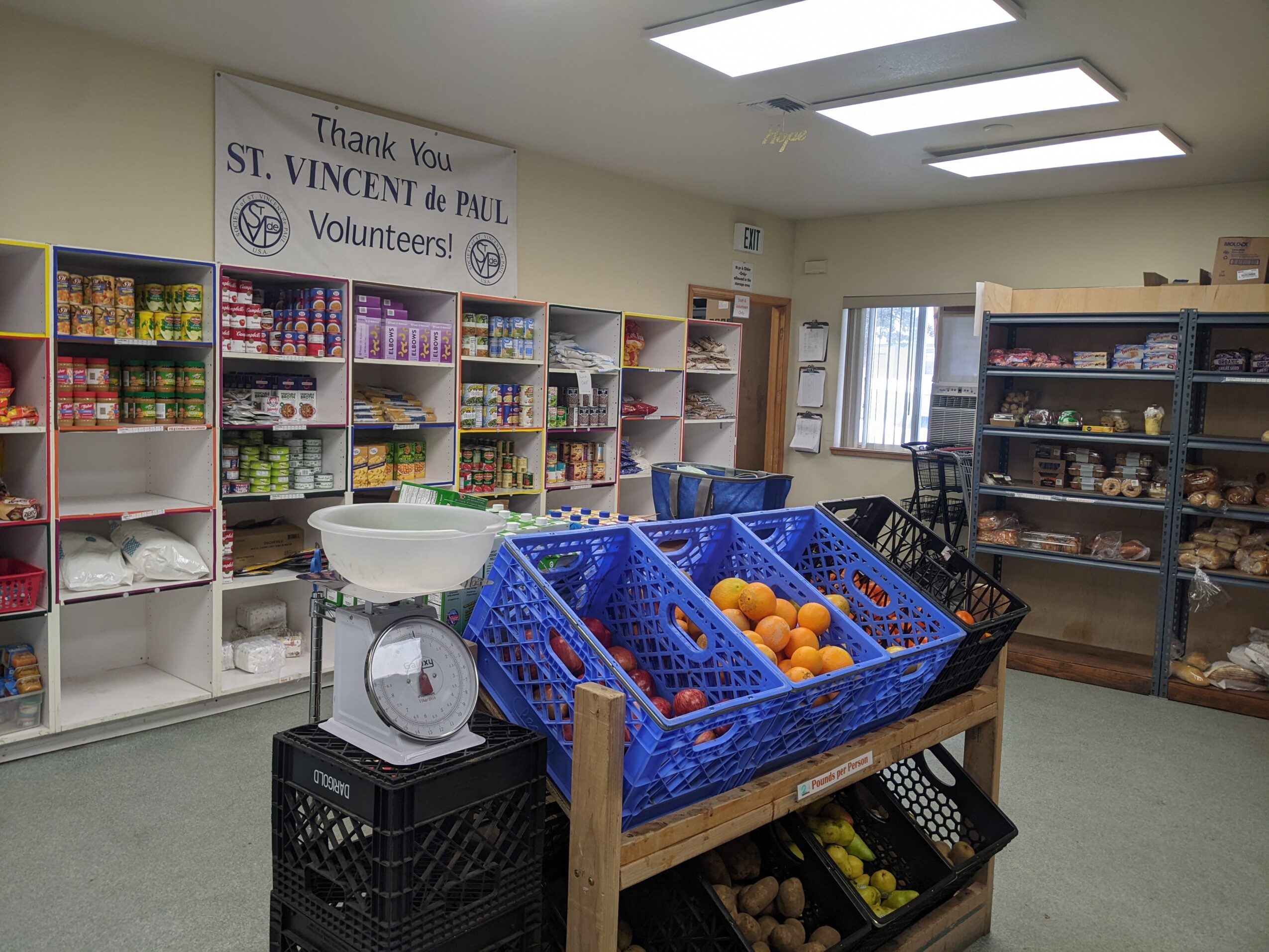 Room with shelves of canned and packaged food, a scale, and a blue basket of oranges, with a window and ceiling lights.