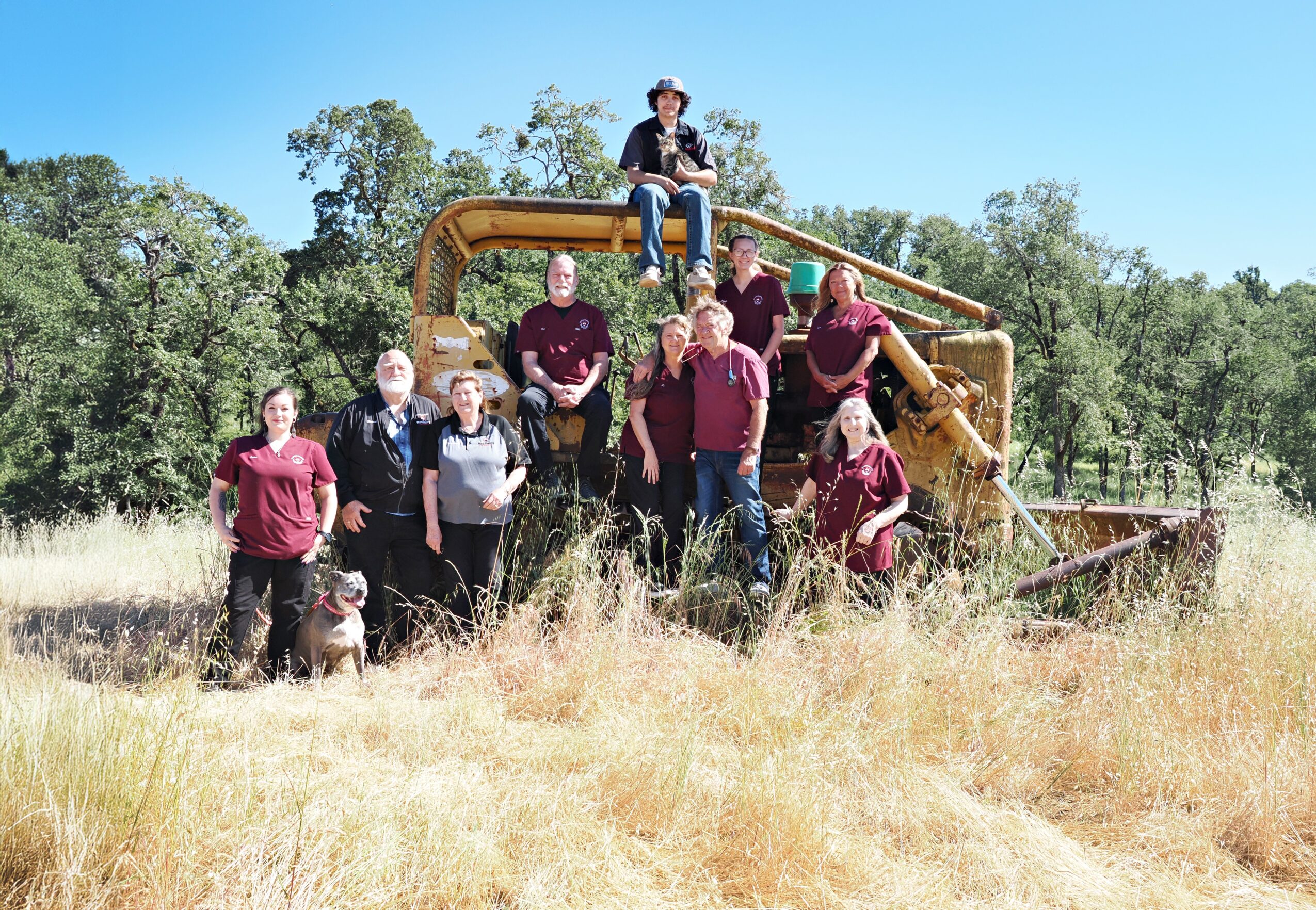 Group of people standing in front of a large, old, yellow piece of machinery outdoors with trees and blue sky.
