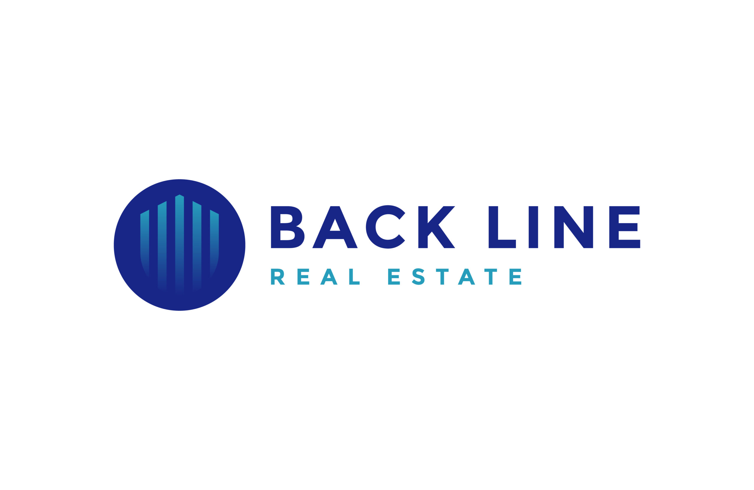 Logo with a blue circle containing vertical lines, text reads 'BACK LINE' and 'REAL ESTATE' below.