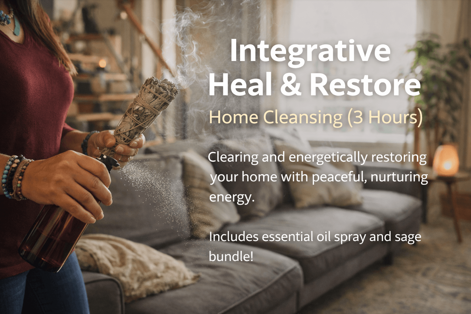 Person holding a spray bottle in a cozy living room with sofa and plants, promoting home cleansing service.