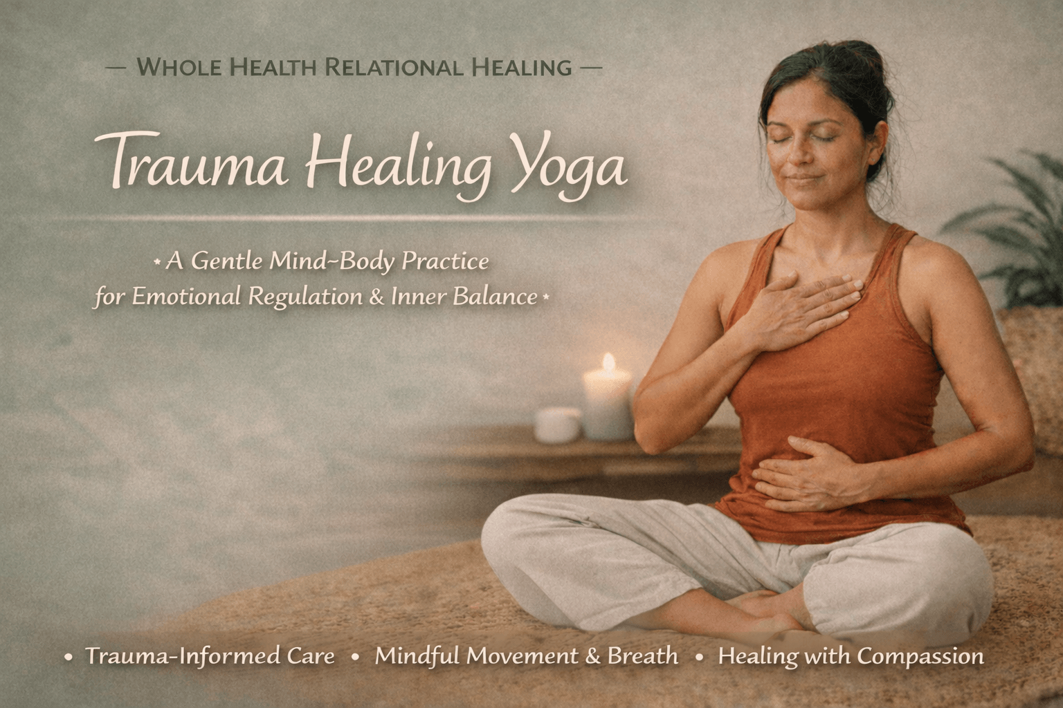 Woman practicing yoga in a seated meditation pose with hand on chest and stomach, candles in background, calm setting.