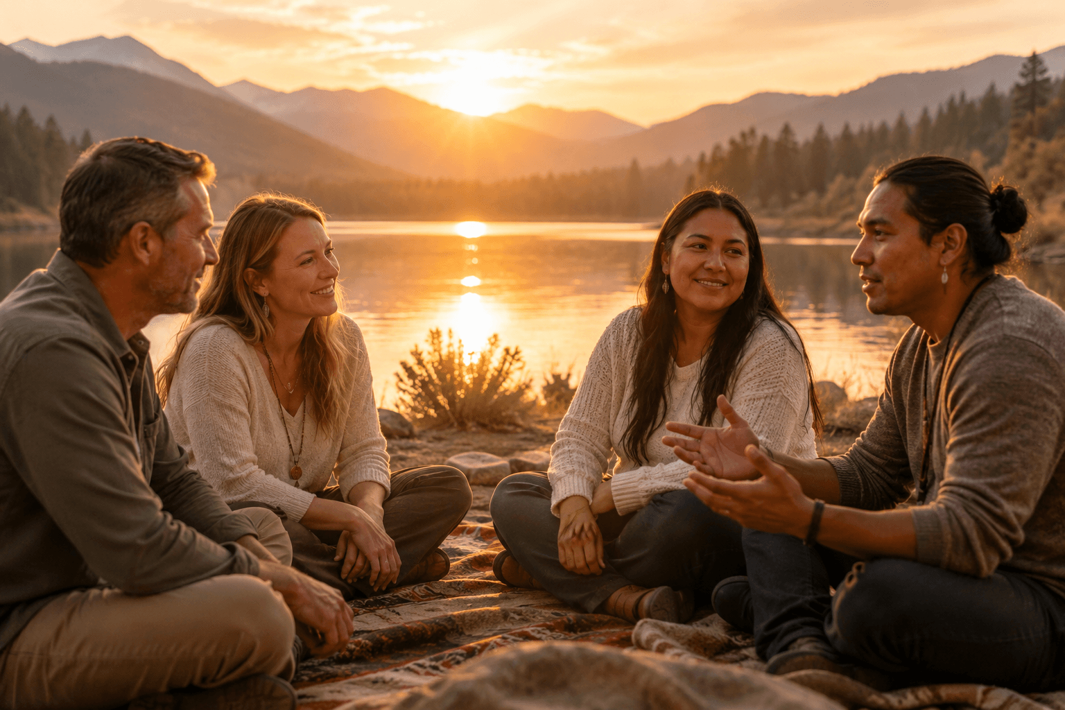 Group of five people sitting outdoors on a blanket by a lake during sunset, engaging in conversation, mountains in background.