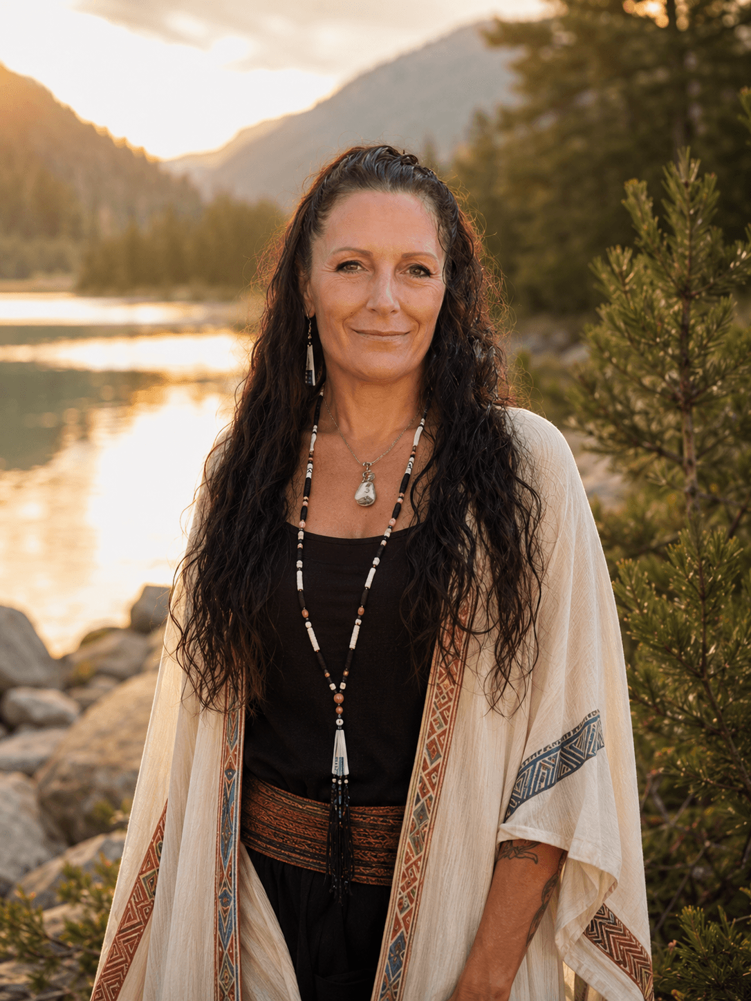 Woman with long dark hair standing outdoors near a lake with mountains and trees in the background.