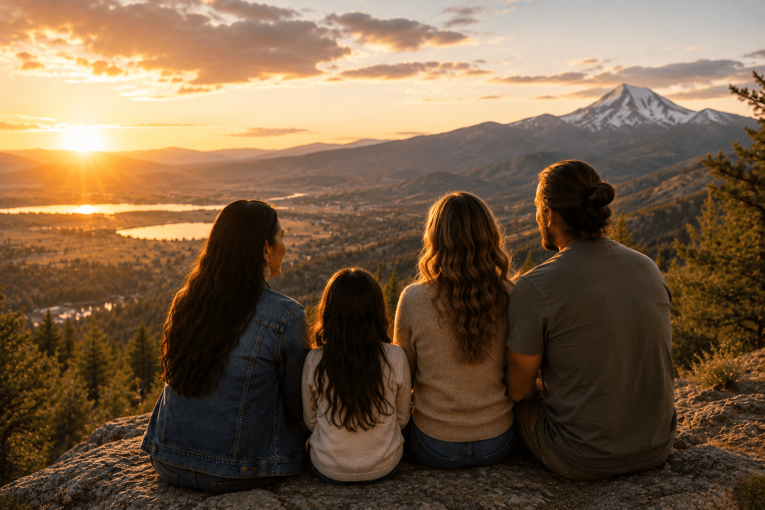 Family of four sitting on a rock, watching sunset over mountains and a snow-capped peak, with a lake in the distance.