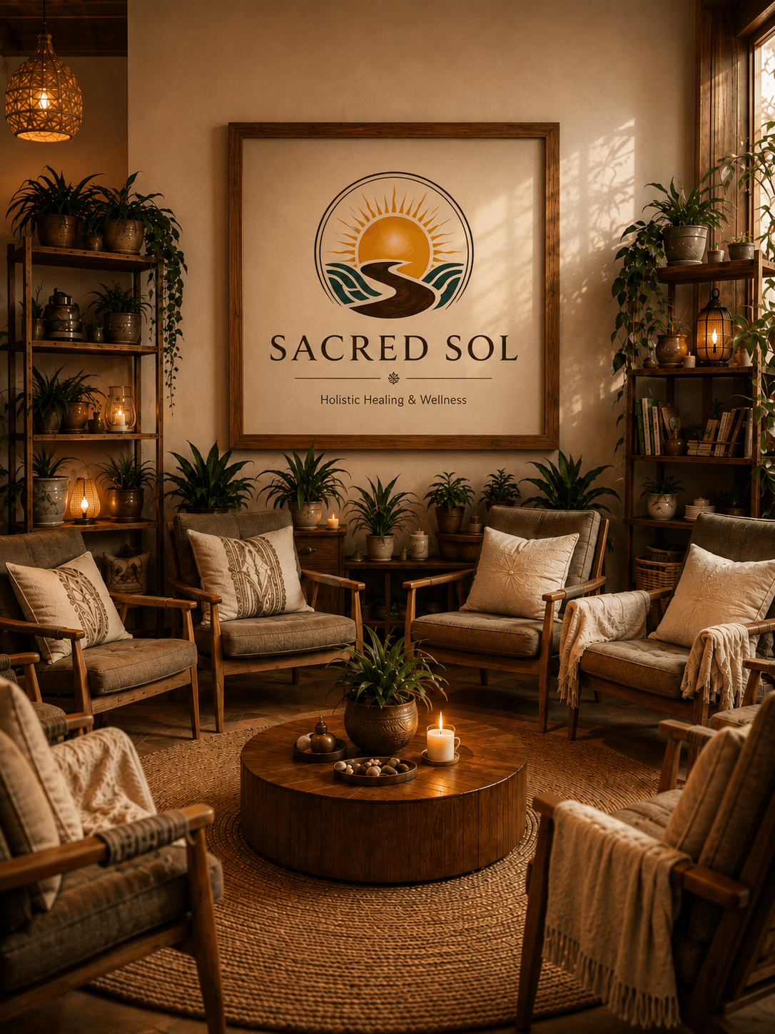 Cozy room with wooden furniture, plants, candles, and a large framed logo reading 'Sacred Sol' on the wall.