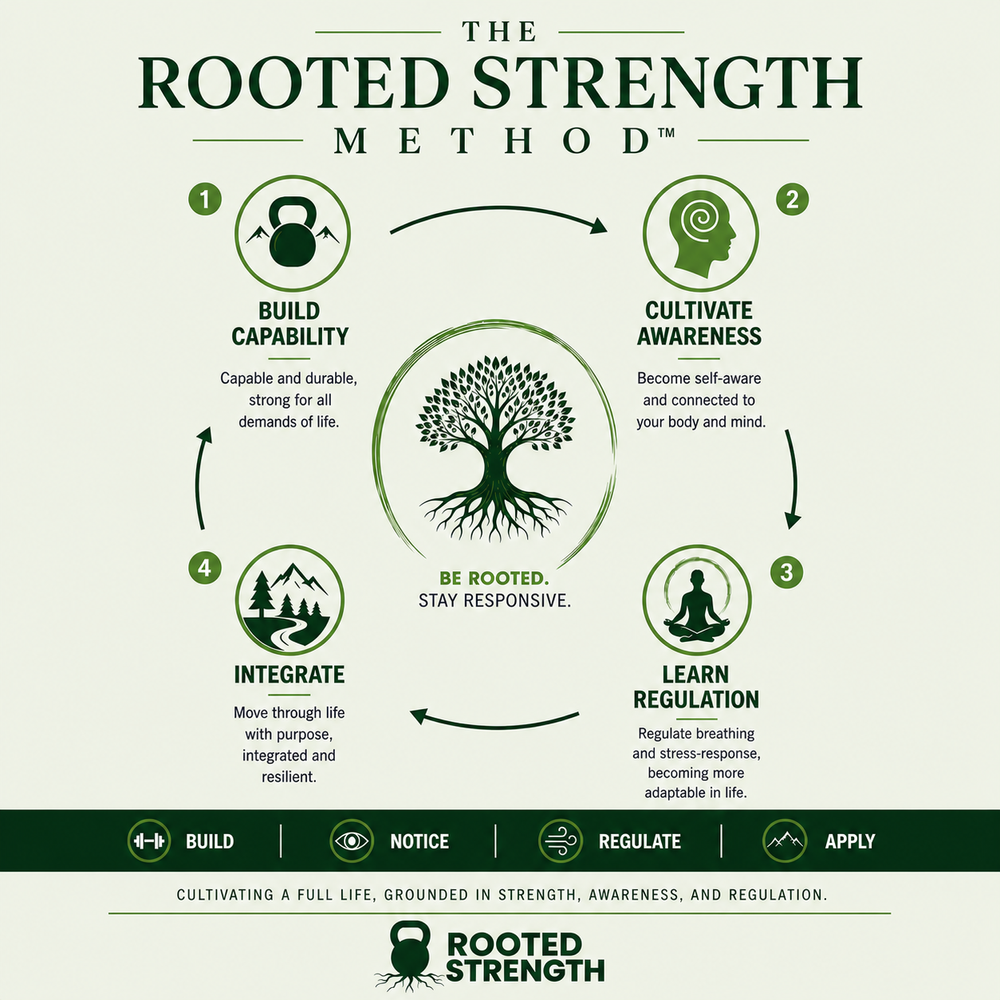 Diagram illustrating the rooted strength method with four steps: build capability, cultivate awareness, learn regulation, integrate, centered around a tree.