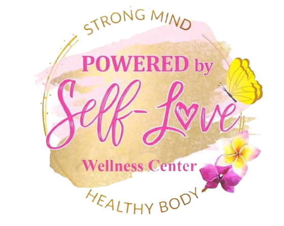 Text reading 'Powered by Self-Love' with flowers and a butterfly, on a black background.