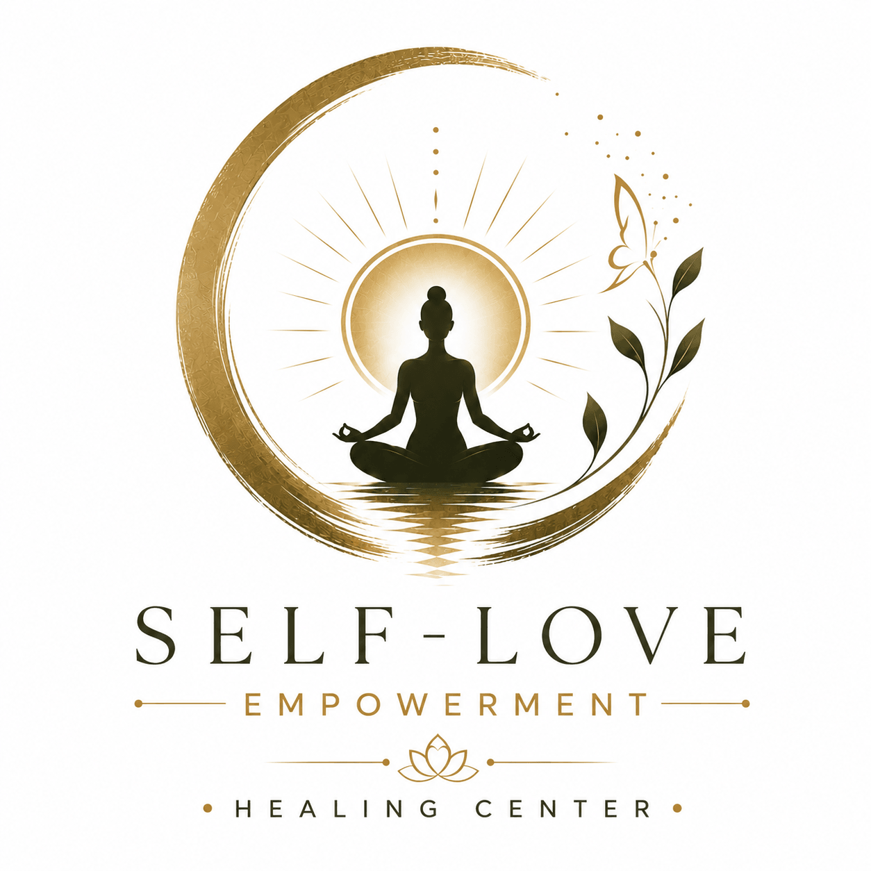Silhouette of a person meditating with a radiant halo, surrounded by a crescent moon and leaves, promoting self-love and healing.