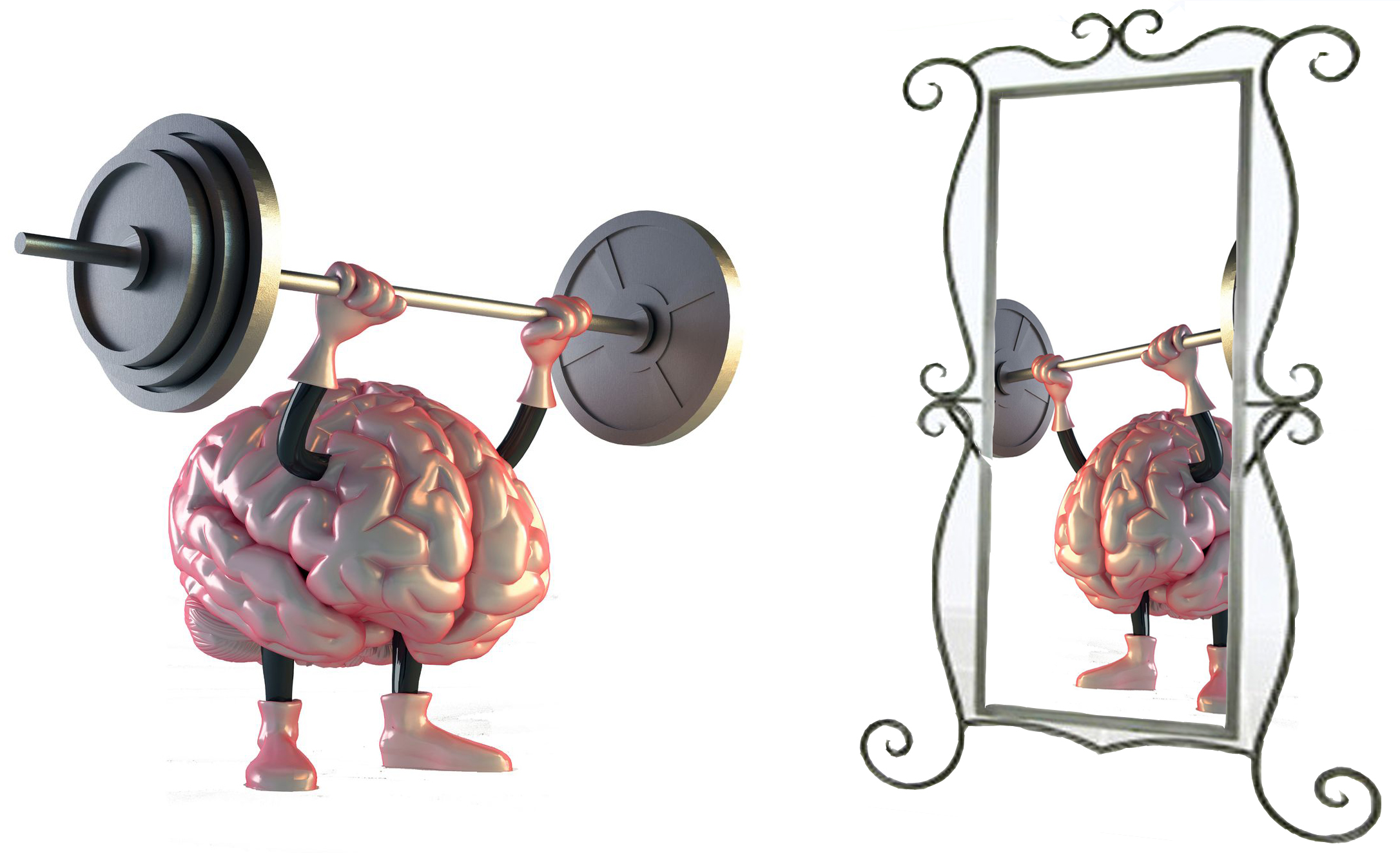 Brain with arms lifting a barbell, looking at its reflection in a mirror, with a decorative frame. 20 words.