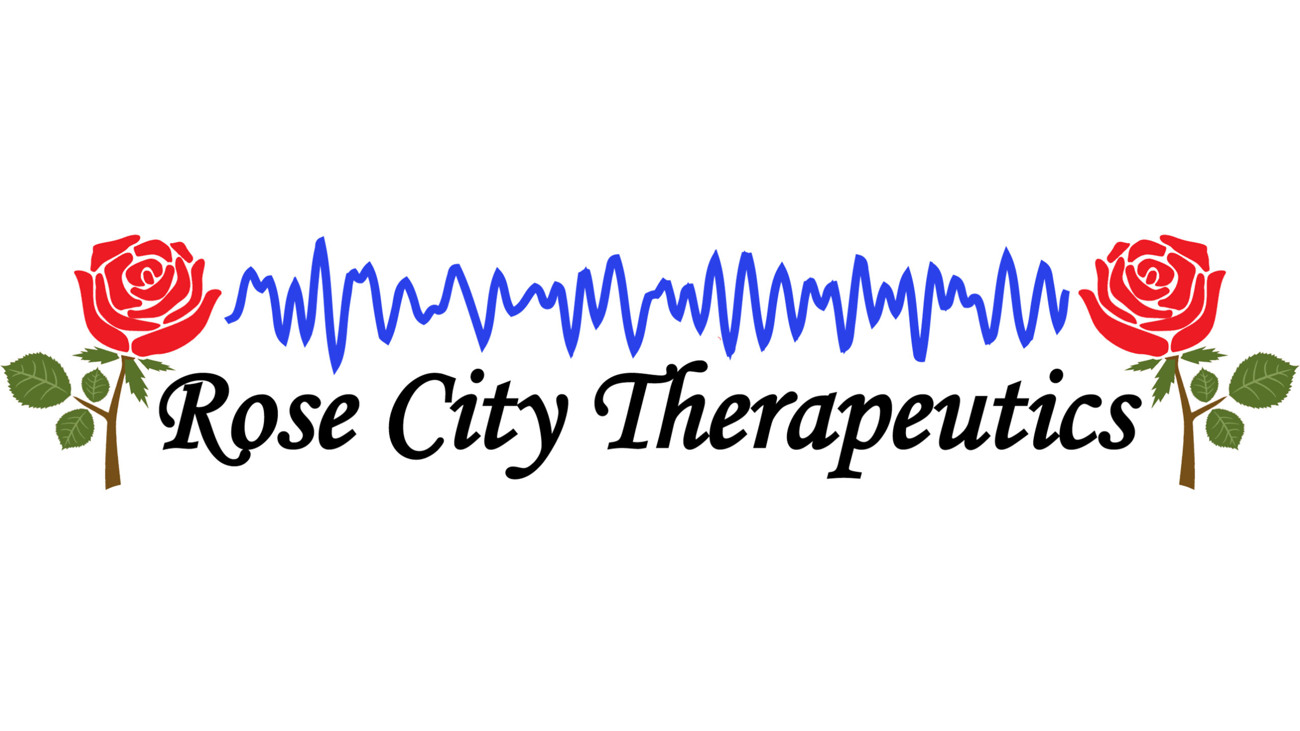Logo with two roses, a blue heartbeat line, and text 'Rose City Therapeutics'.
