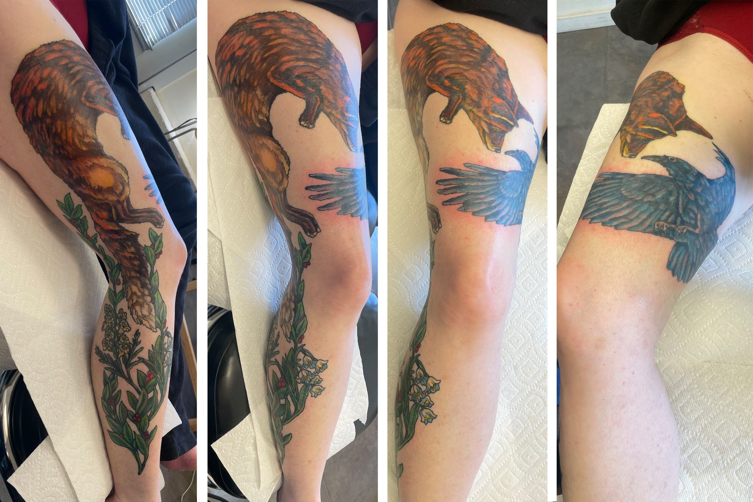 Side view of a person's arm with a colorful dragon tattoo, showing detailed scales and wings.