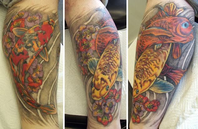 Three tattooed arms with colorful fish, flowers, and abstract designs, viewed from different angles.