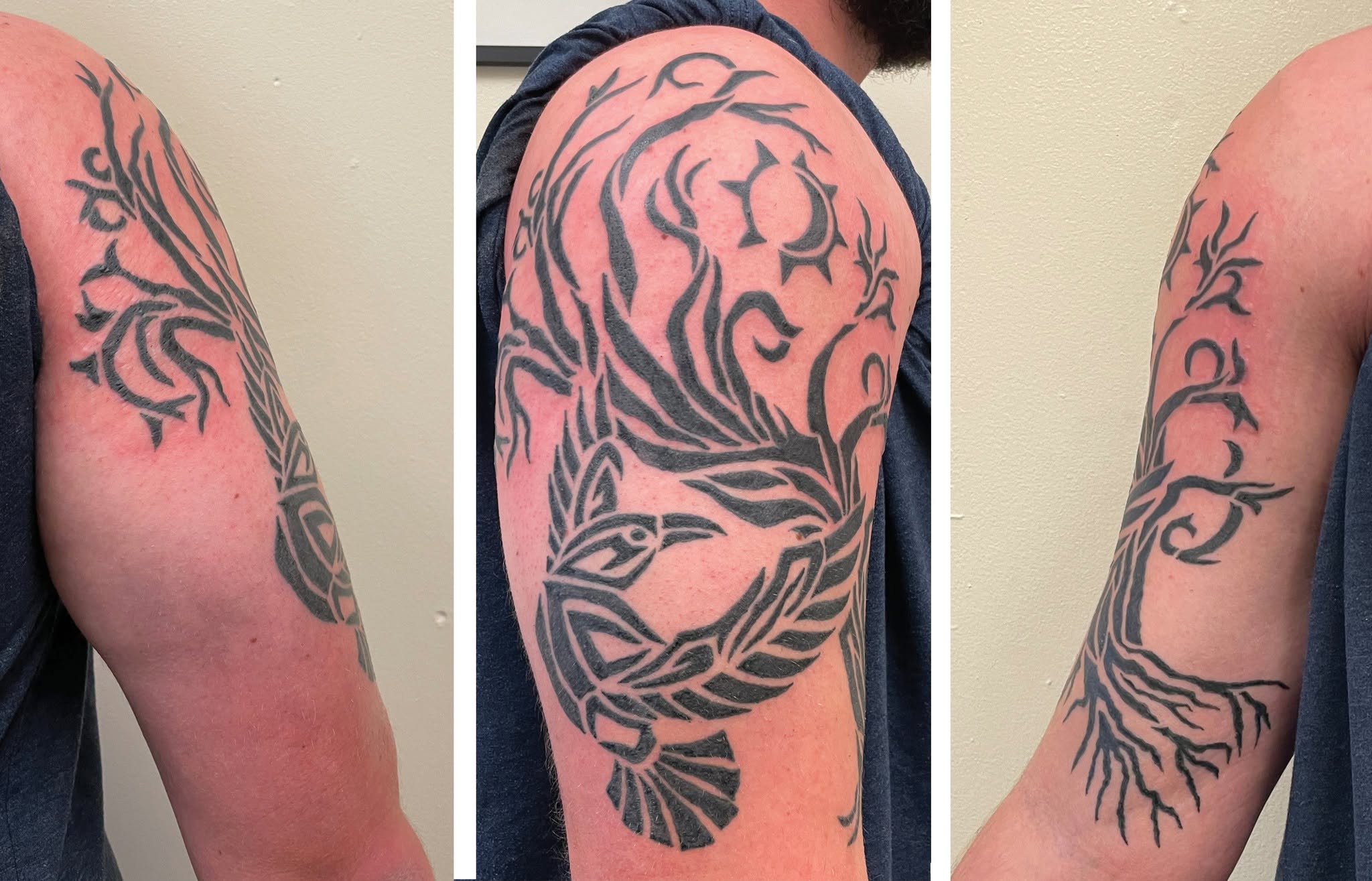 Three tattoos on different arms, featuring abstract and tribal designs with flowing lines and patterns.