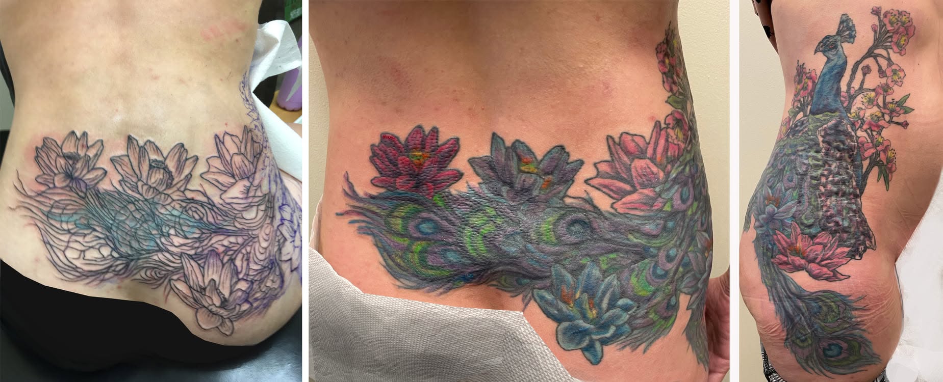 Three tattoos of dragons on different parts of the body, with colorful scales and detailed designs.