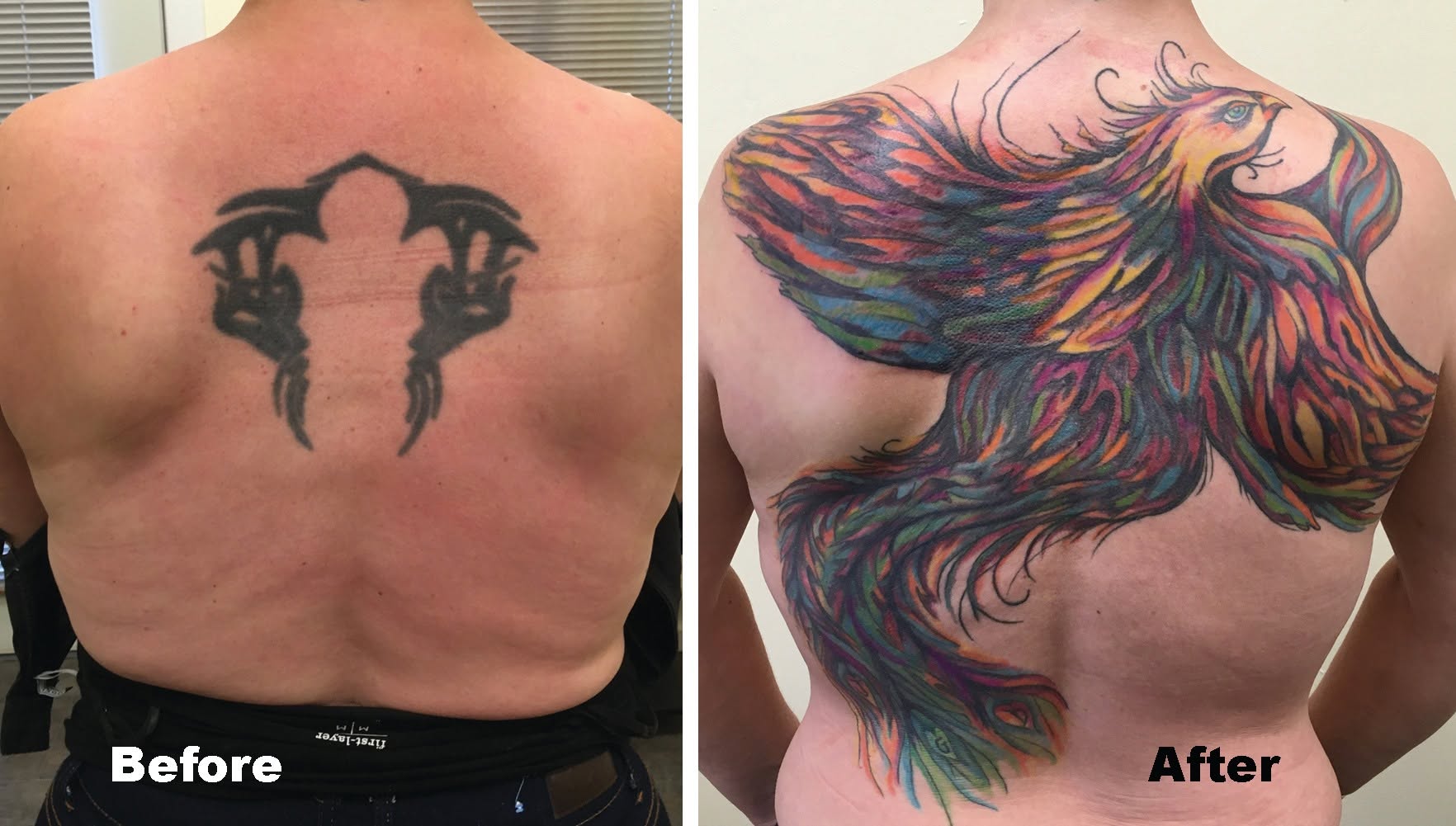 Side-by-side images of tattoos on people's backs, one with a black tribal design and the other with a colorful phoenix.
