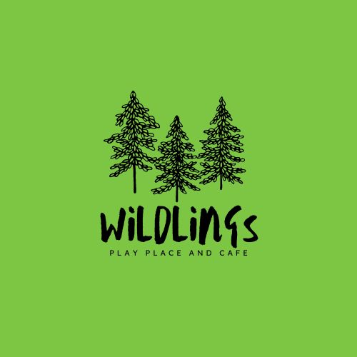 Three illustrated trees above the text 'WILDLINGS' with smaller text 'PLAY PLACE AND CAFE' on a green background.