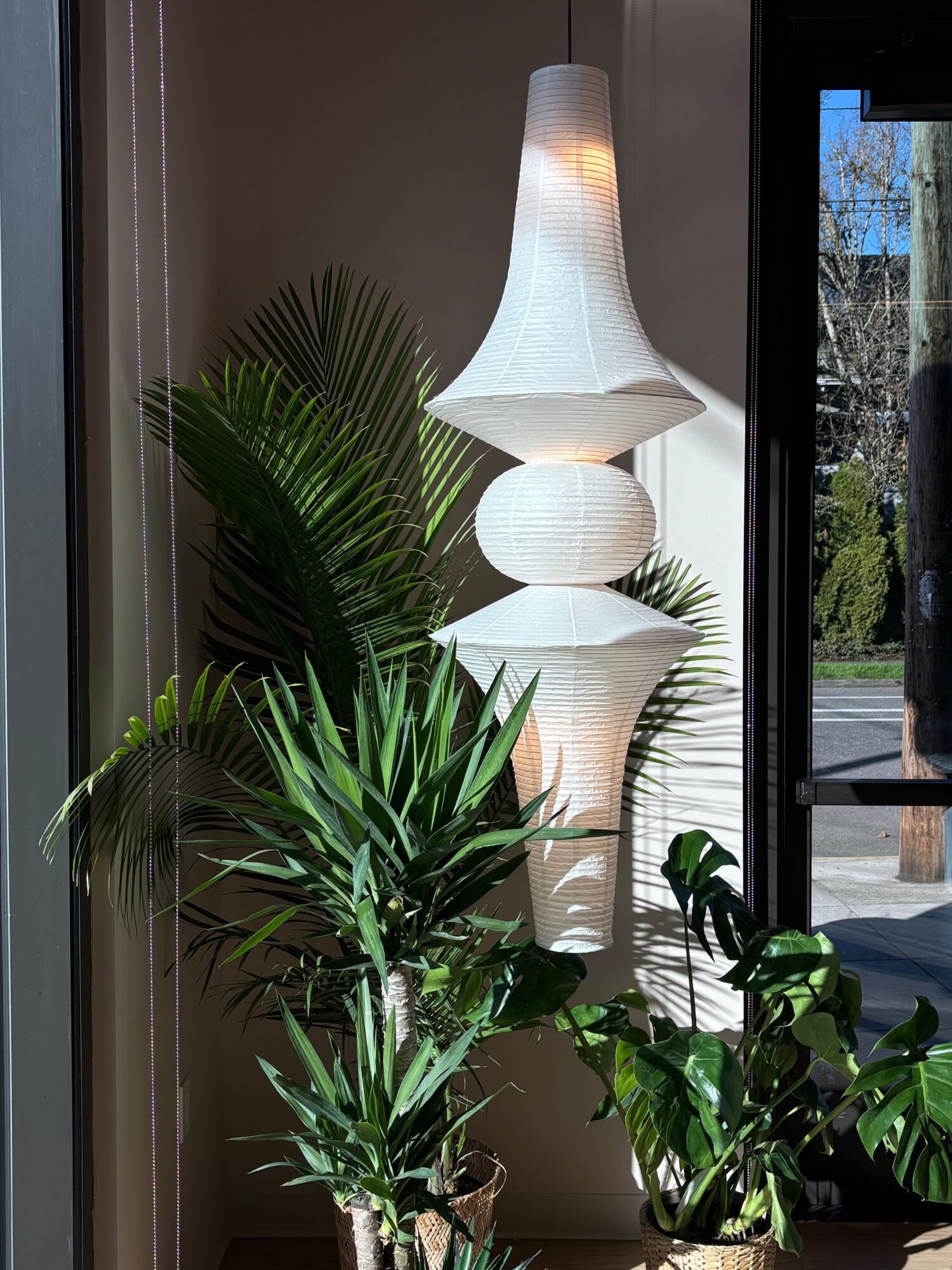 Indoor scene with a white, modern pendant light fixture and green plants near a window.
