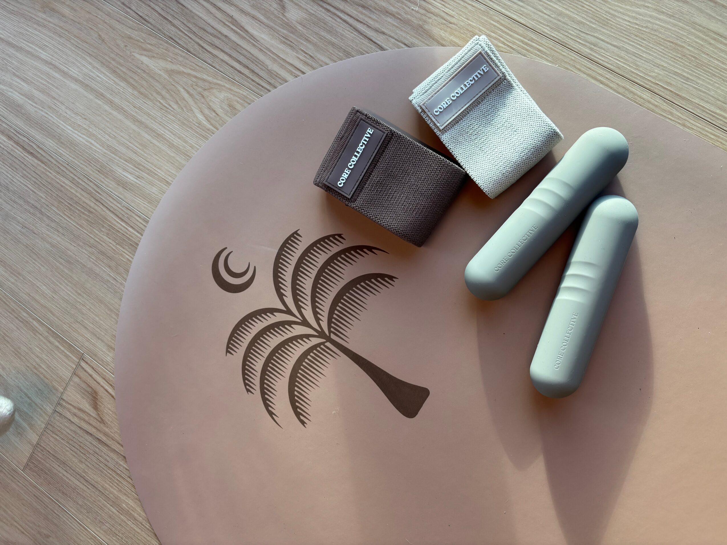 Two cylindrical objects and two rectangular boxes on a pink circular surface with a tree design, placed on a wooden floor.