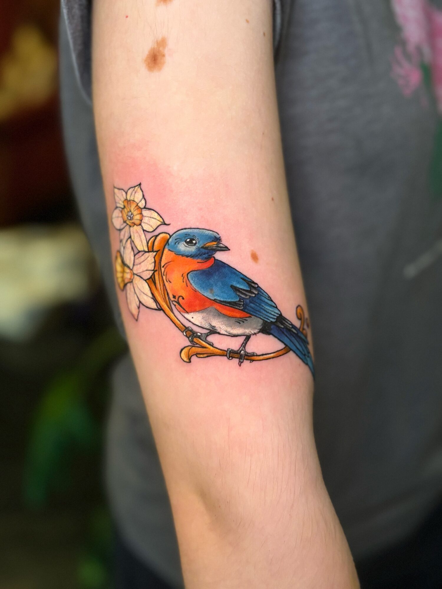 Colorful bird tattoo on person's arm, perched on a branch with flowers, detailed and vibrant.