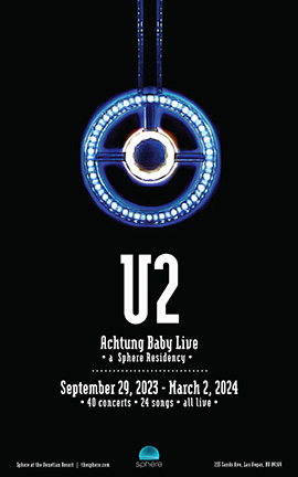 Neon U2 logo with text about Achtung Baby Live concert, dates, and details, on a black background.