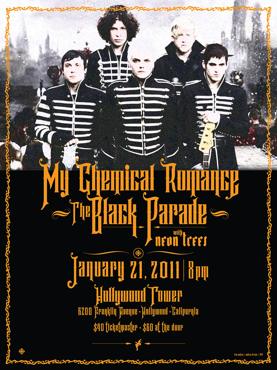 Concert poster for My Chemical Romance and The Black Parade, featuring band members in black and white striped outfits, event details included.