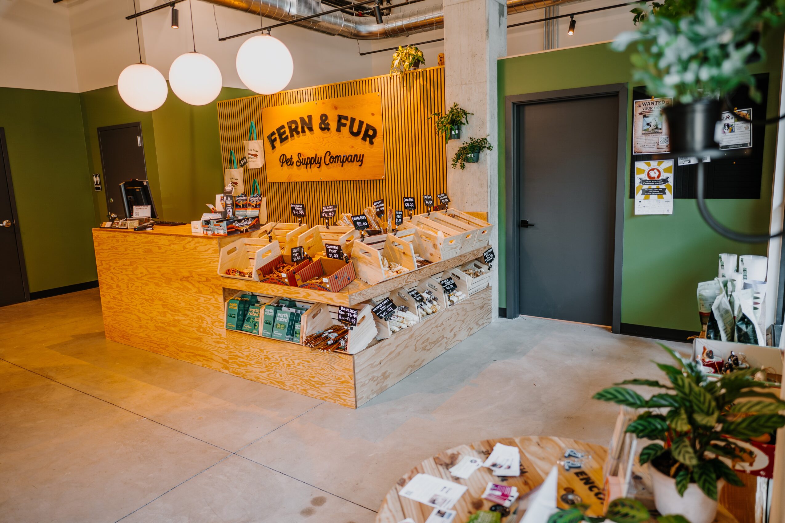 Counter with snacks and a sign reading 'FERN & FUR' in a brightly lit store interior with green walls and plants.