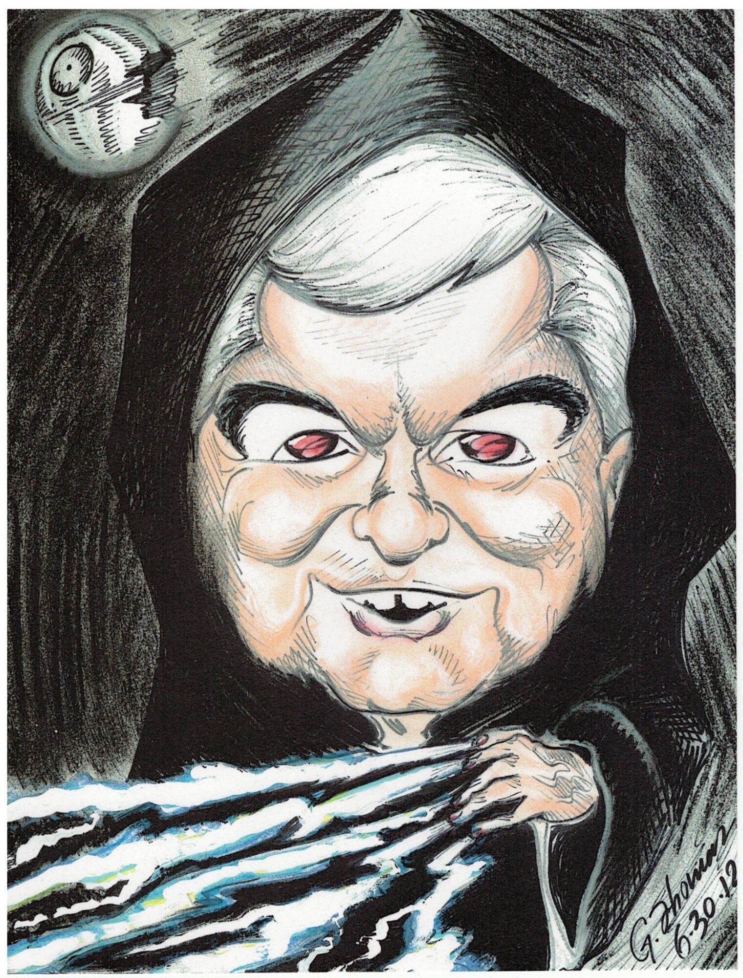 Caricature of a man with white hair, glasses, and a mischievous smile, holding a flowing water-like object, with a dark background.