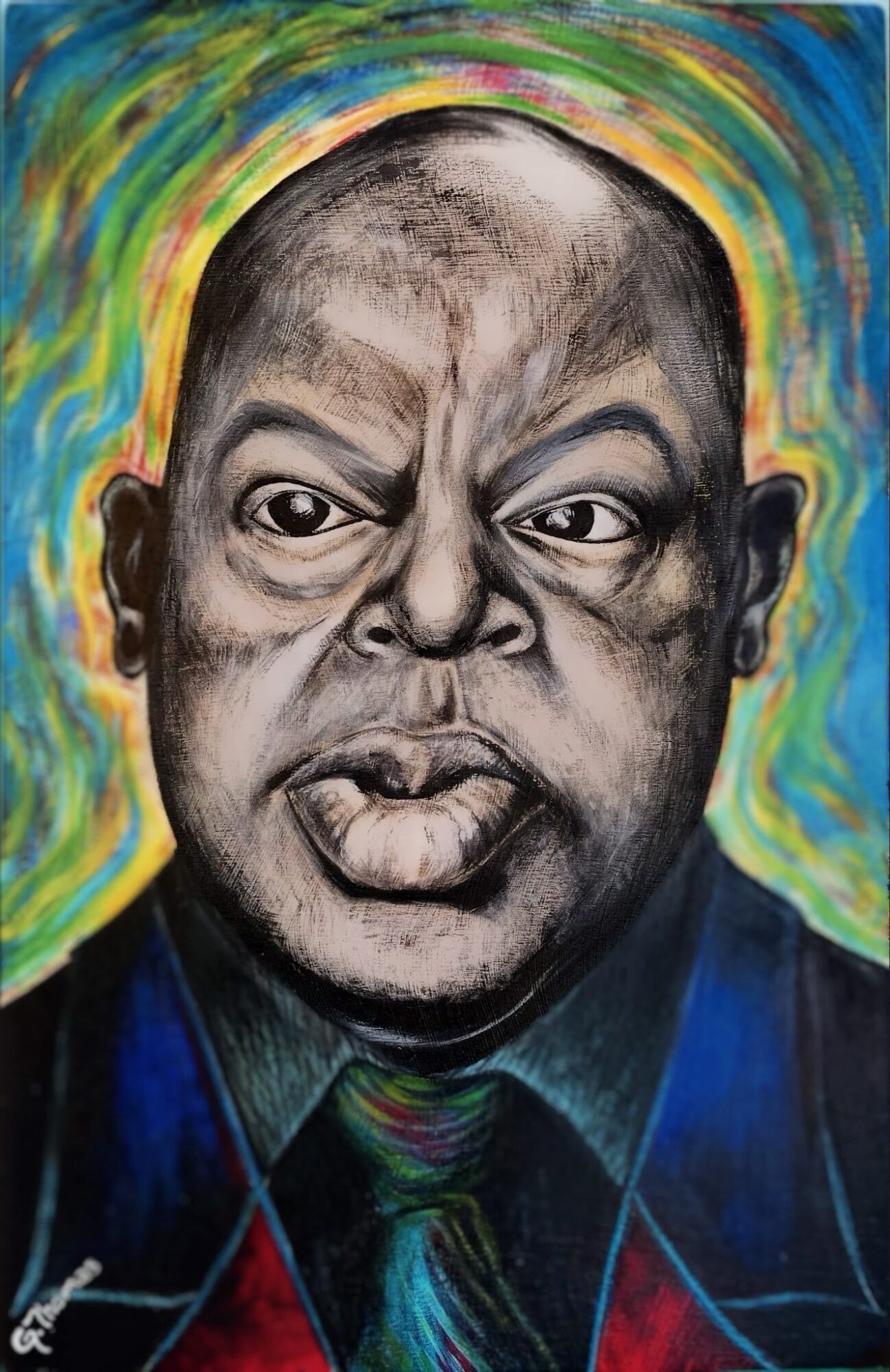 Portrait of a person with a serious expression, wearing a suit and tie, with colorful swirling background.