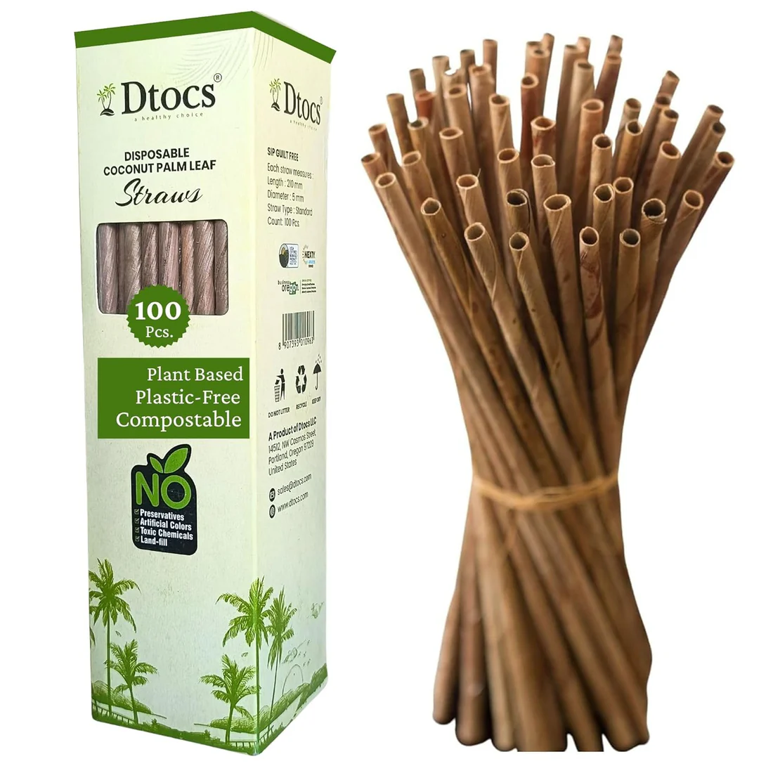 Box of 100 biodegradable coconut palm leaf straws next to a bundle of brown straws tied with string, on a white background.