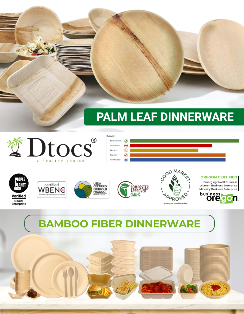Stacked bamboo and palm leaf dinnerware with labels for bamboo fiber and palm leaf options, including plates and bowls, on a white background.